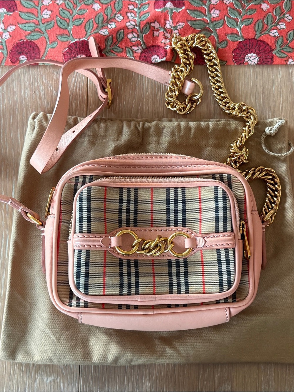 Burberry Pink Classic Check Crossbody Bag with Gold Chain